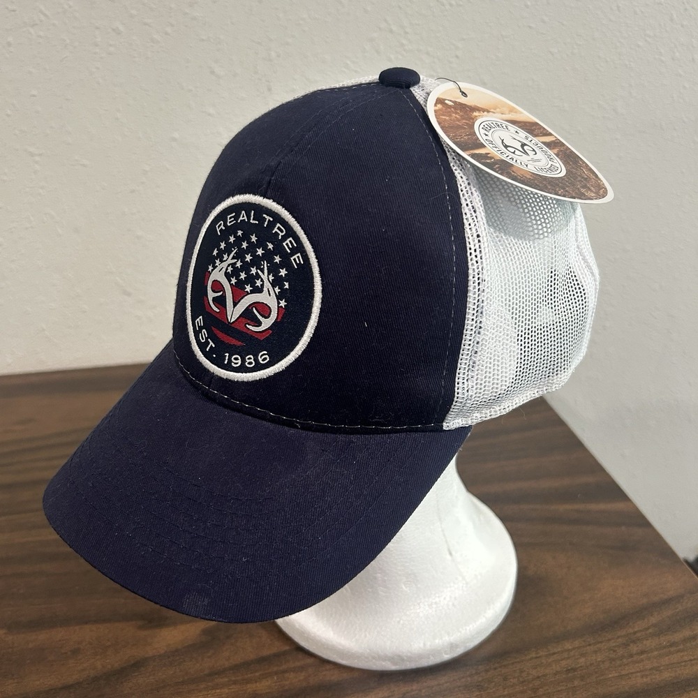 NWT Realtree Antlers 1986 Patch American Flag Mesh Back Cap Navy White